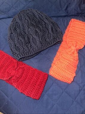 Women Knit Beanie and Headband Set - Navy Blue, Burgundy, Salmon Knit Headband